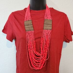 Vtg Coral Tone Necklace Multi Strand Seed Beads Bronze Statement Huge Long Heavy
